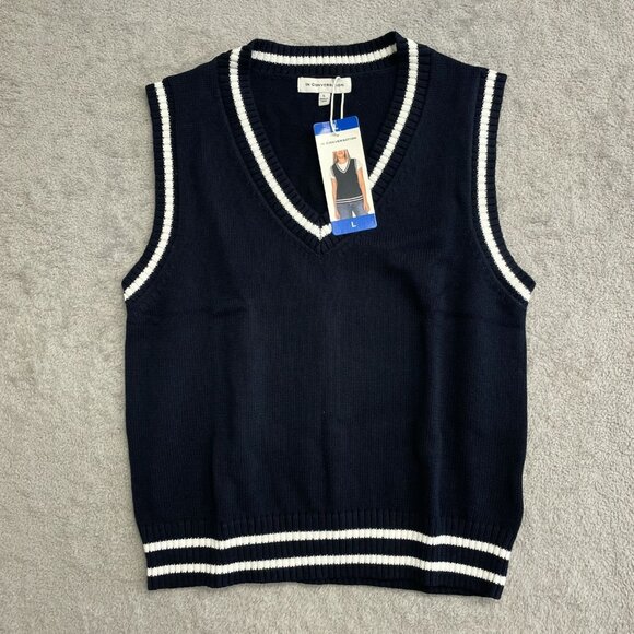 NEW In Conversation Women's L Preppy Navy Blue White Trim Knit Sweater Vest - Picture 3 of 7